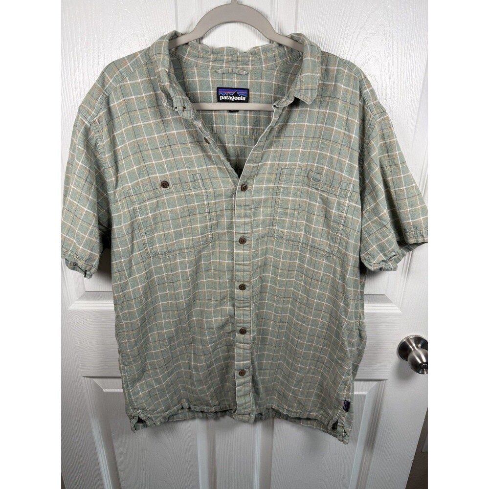 Patagonia Back Step Shirt Men’s XL Green Plaid Lightweight Hemp Blend Button Up
